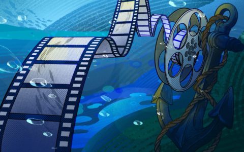 Thesis Showcase image with a film reel tangled on an anchor
